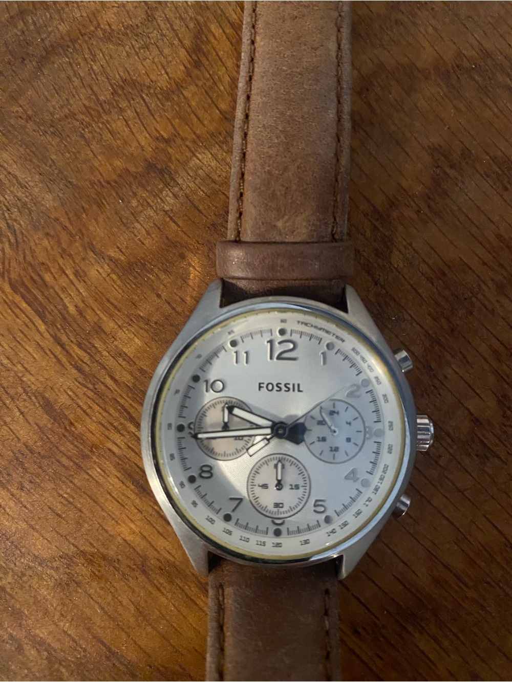 Fossil Silver Dial Watch with Brown Leather Strap